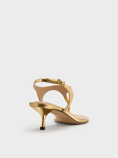 CHARLES & KEITH Trending / Metallic Leather Thong Kitten Heels - Gold