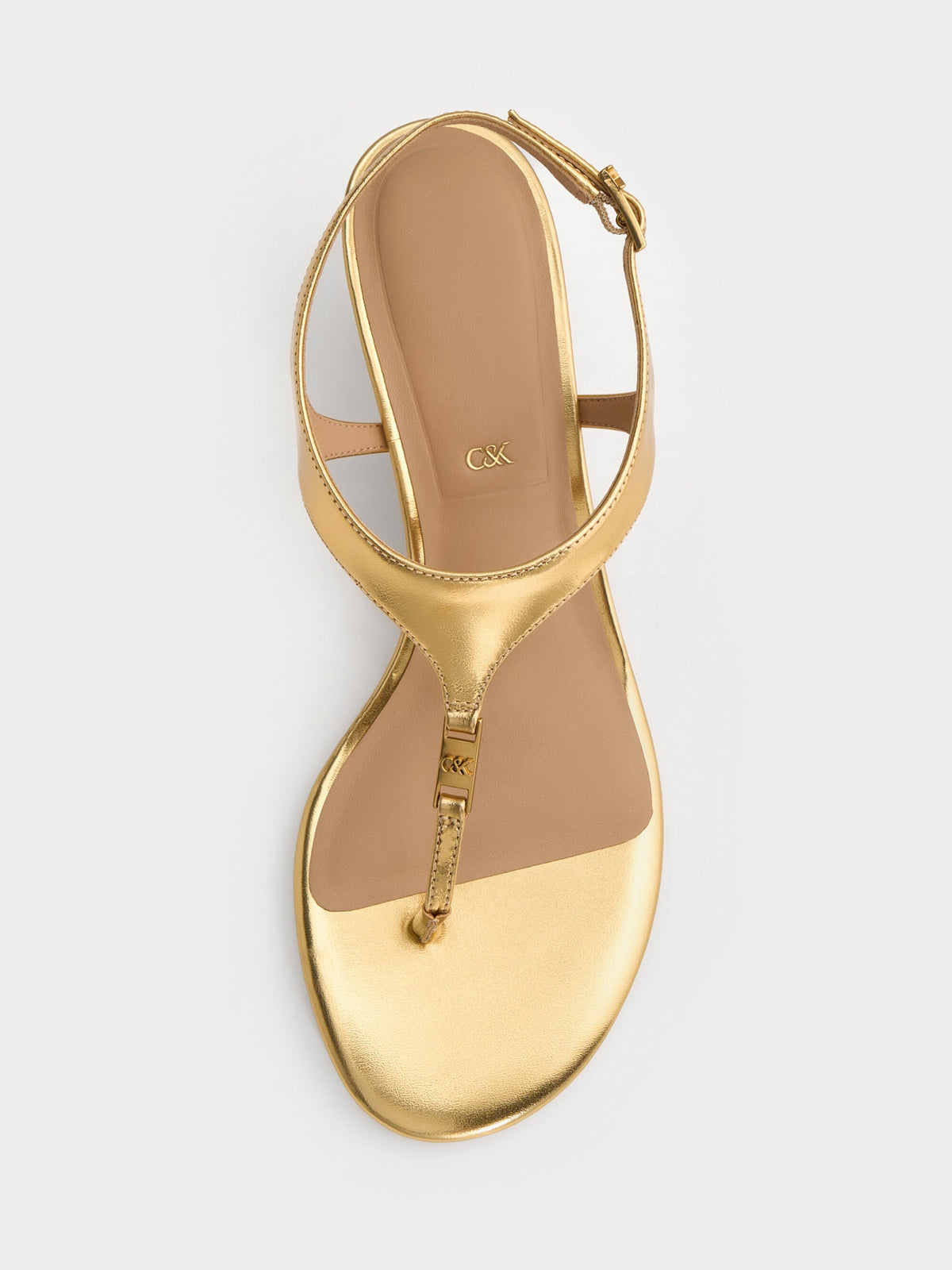 CHARLES & KEITH Trending / Metallic Leather Thong Kitten Heels - Gold
