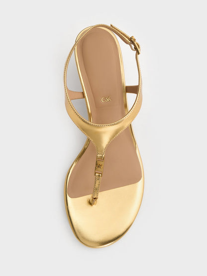 CHARLES & KEITH Trending / Metallic Leather Thong Kitten Heels - Gold