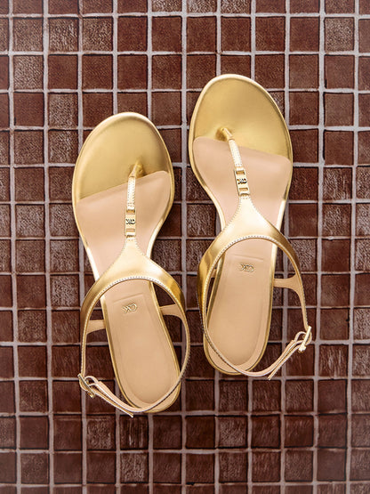 CHARLES & KEITH Trending / Metallic Leather Thong Kitten Heels - Gold