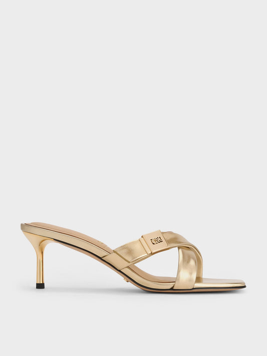 CHARLES & KEITH Classic / Cody Metallic Leather Crossover Heeled Mules - Gold