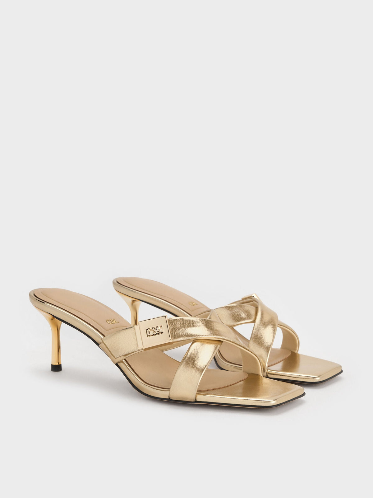 CHARLES & KEITH Classic / Cody Metallic Leather Crossover Heeled Mules - Gold