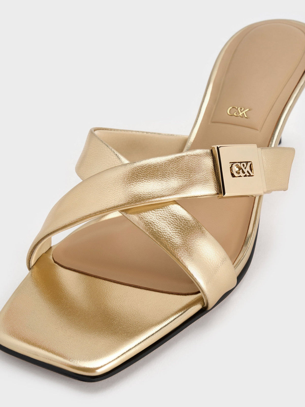 CHARLES & KEITH Classic / Cody Metallic Leather Crossover Heeled Mules - Gold
