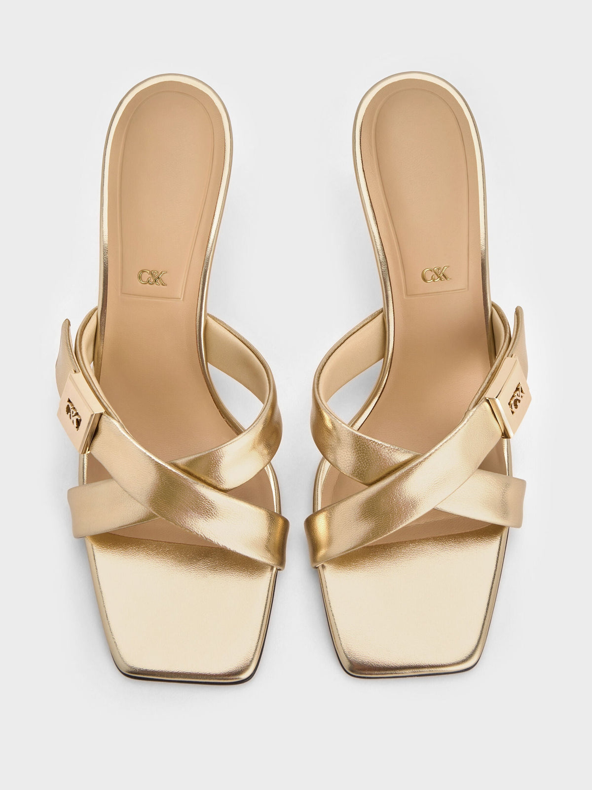 CHARLES & KEITH Classic / Cody Metallic Leather Crossover Heeled Mules - Gold