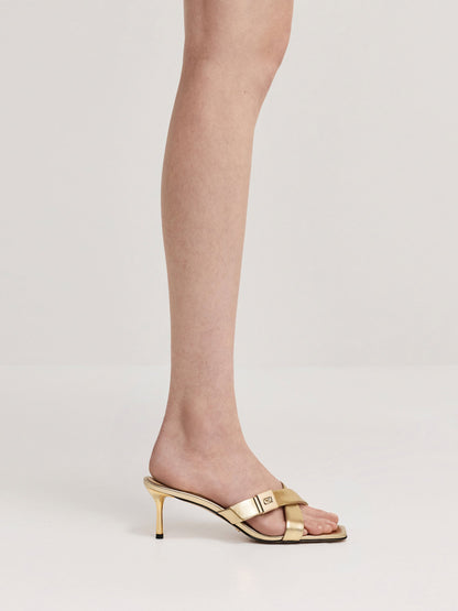 CHARLES & KEITH Classic / Cody Metallic Leather Crossover Heeled Mules - Gold