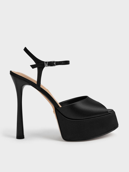 CHARLES & KEITH Best Seller / Francesca Peep-Toe Platform Heels - Black Textured