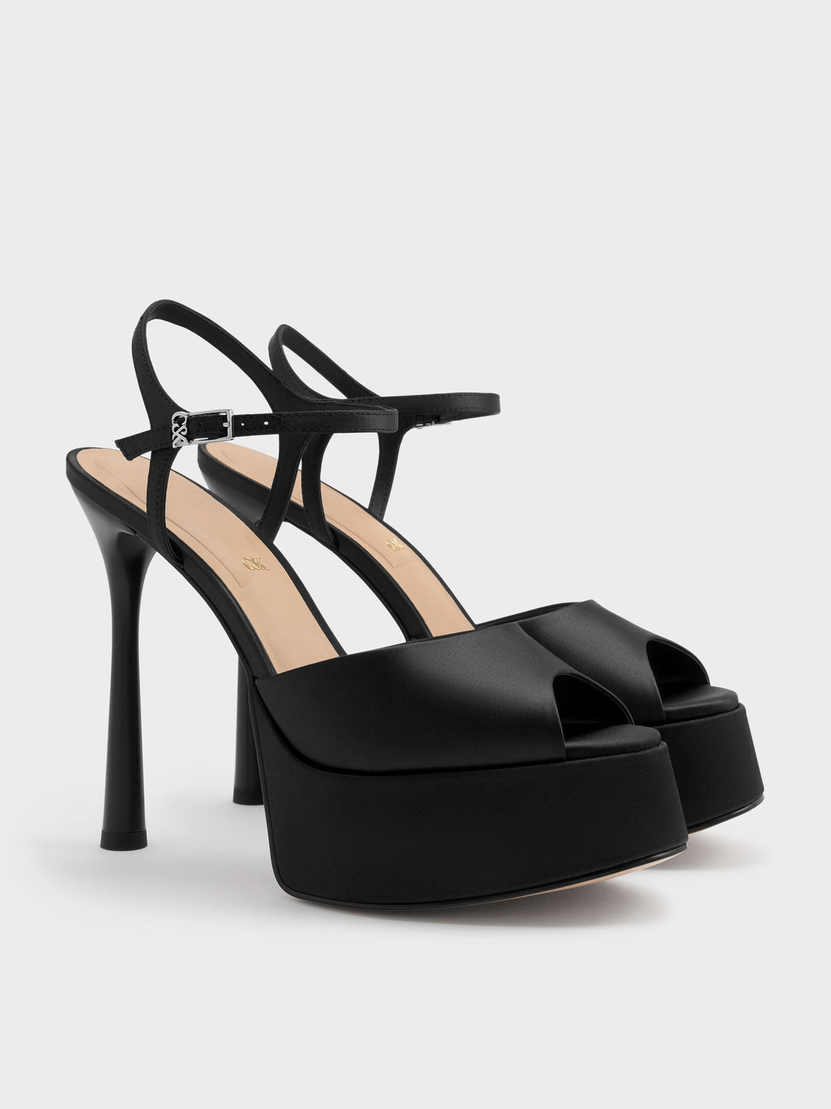 CHARLES & KEITH Best Seller / Francesca Peep-Toe Platform Heels - Black Textured