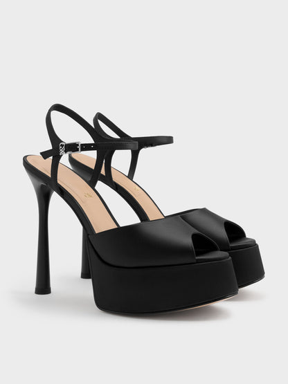 CHARLES & KEITH Best Seller / Francesca Peep-Toe Platform Heels - Black Textured