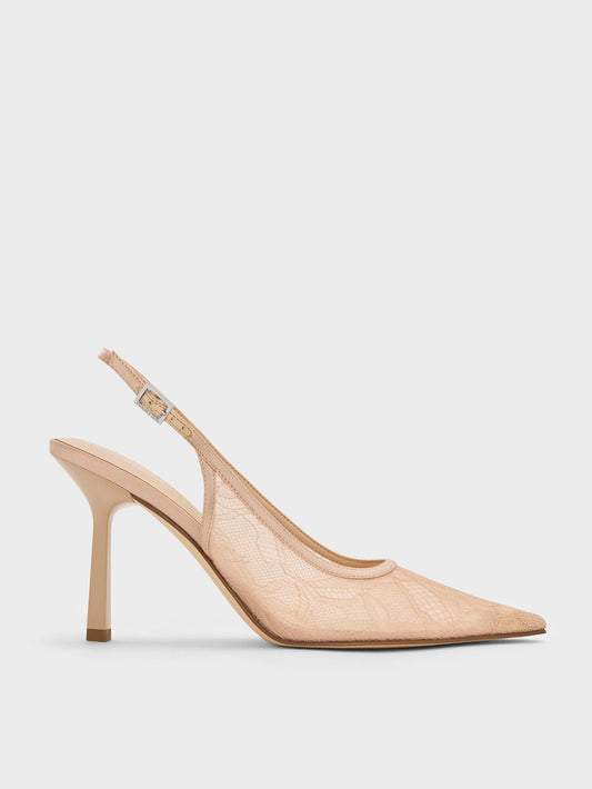 CHARLES & KEITH Recommended / Lace & Satin Slingback Pumps - Nude