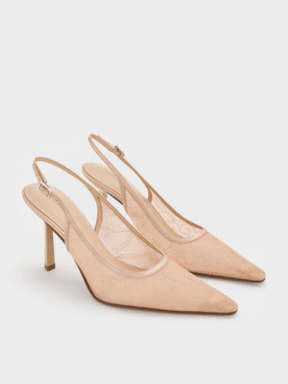 CHARLES & KEITH Recommended / Lace & Satin Slingback Pumps - Nude