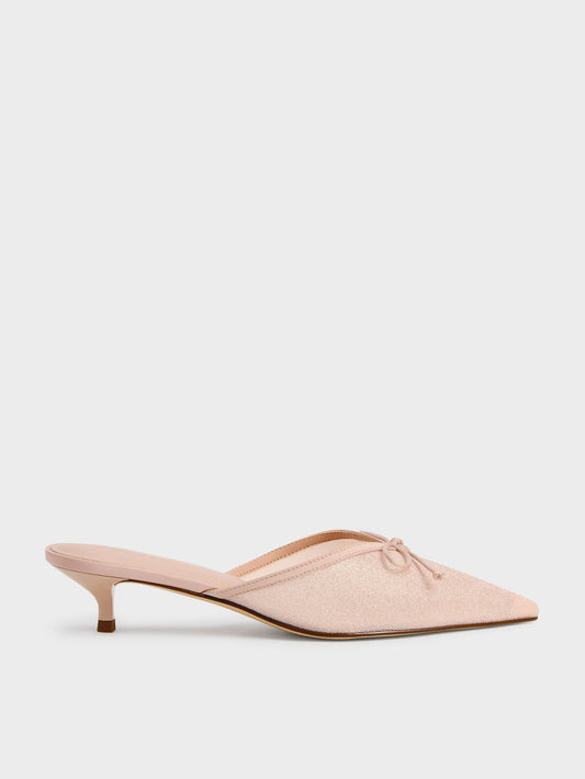 CHARLES & KEITH New / Glittered Mesh Bow Kitten Heels - Pink