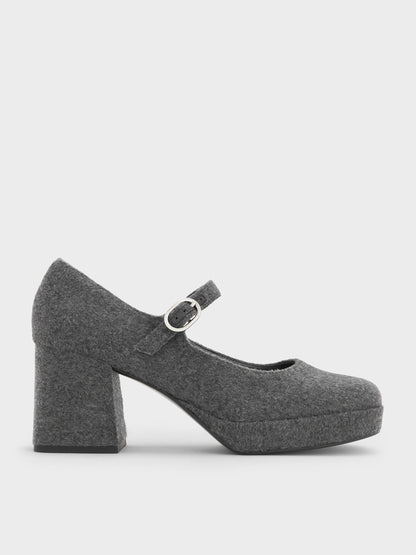 CHARLES & KEITH Classic / Felt Platform Mary Jane Pumps - Grey