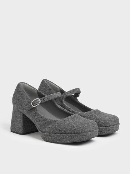 CHARLES & KEITH Classic / Felt Platform Mary Jane Pumps - Grey