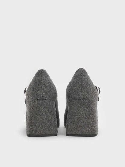 CHARLES & KEITH Classic / Felt Platform Mary Jane Pumps - Grey