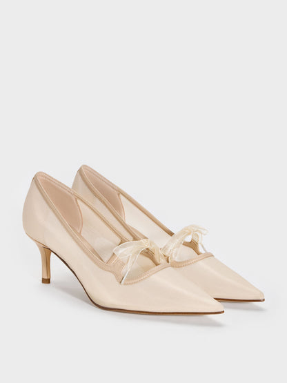 CHARLES & KEITH Recommended / Venetia Mesh Bow Pointed Pumps - Nude