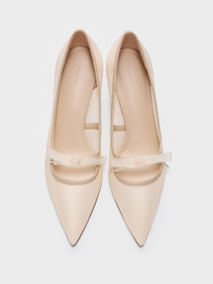 CHARLES & KEITH Recommended / Venetia Mesh Bow Pointed Pumps - Nude