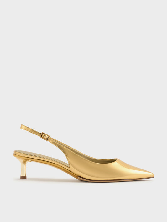 CHARLES & KEITH Classic / Curtis Metallic Slingback Kitten Heels - Gold