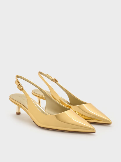 CHARLES & KEITH Classic / Curtis Metallic Slingback Kitten Heels - Gold