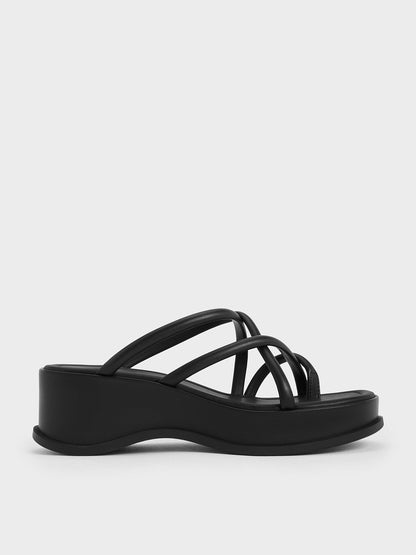 CHARLES & KEITH Top Pick / Strappy Tubular Wedge Sandals - Black