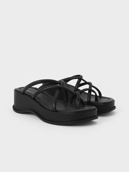 CHARLES & KEITH Top Pick / Strappy Tubular Wedge Sandals - Black