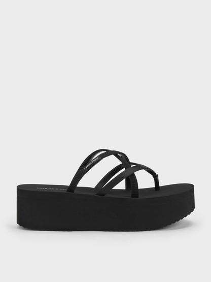 CHARLES & KEITH Exclusive / Levy Satin Strappy Flatform Sandals - Black Textured