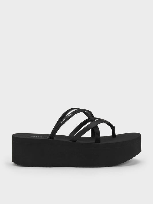 CHARLES & KEITH Exclusive / Levy Satin Strappy Flatform Sandals - Black Textured