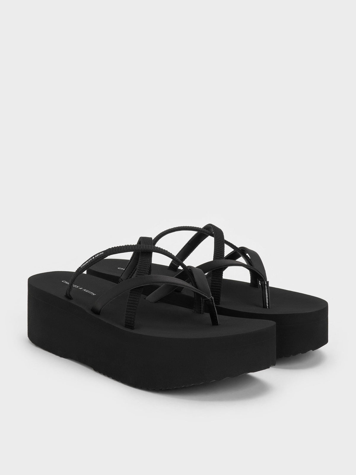 CHARLES & KEITH Exclusive / Levy Satin Strappy Flatform Sandals - Black Textured