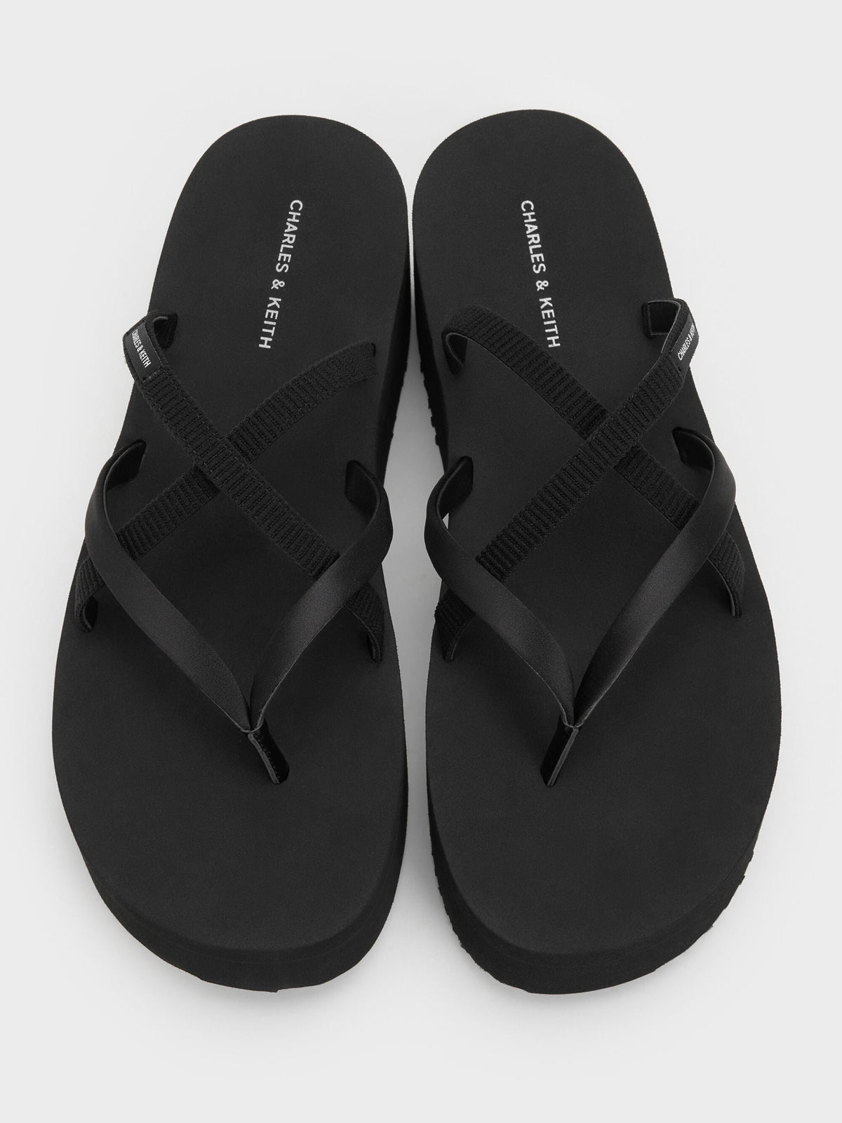 CHARLES & KEITH Exclusive / Levy Satin Strappy Flatform Sandals - Black Textured