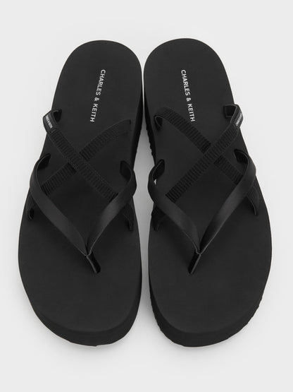 CHARLES & KEITH Exclusive / Levy Satin Strappy Flatform Sandals - Black Textured