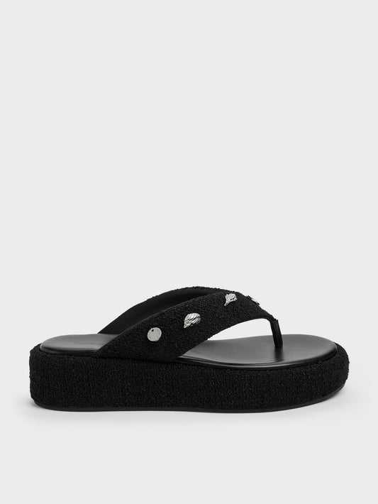 CHARLES & KEITH Discount / Tweed Beach Flatform Thong Sandals - Black Textured