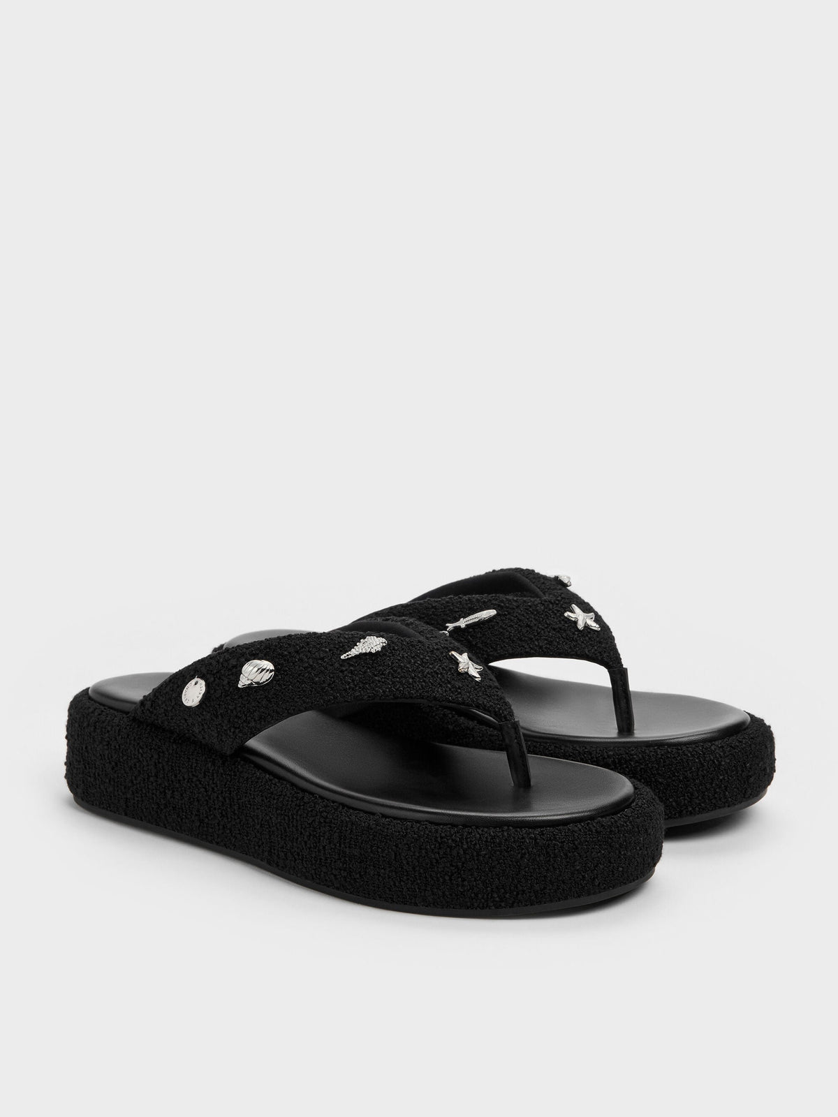 CHARLES & KEITH Discount / Tweed Beach Flatform Thong Sandals - Black Textured