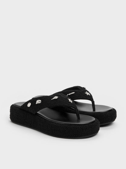 CHARLES & KEITH Discount / Tweed Beach Flatform Thong Sandals - Black Textured