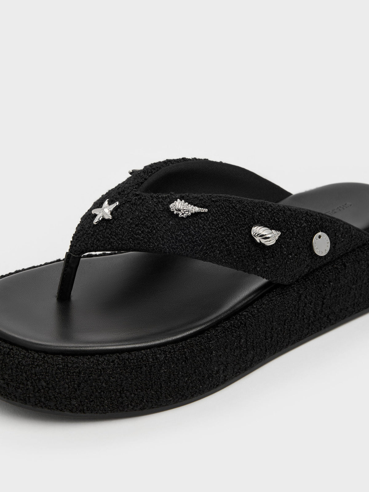 CHARLES & KEITH Discount / Tweed Beach Flatform Thong Sandals - Black Textured