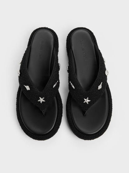 CHARLES & KEITH Discount / Tweed Beach Flatform Thong Sandals - Black Textured