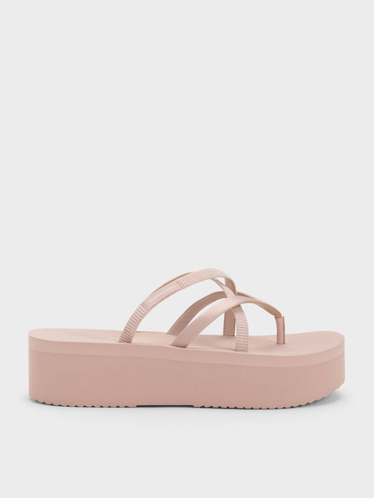 CHARLES & KEITH Customer Favorite / Levy Satin Strappy Flatform Sandals - Light Pink