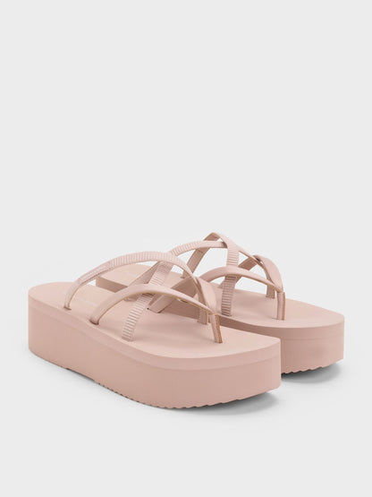 CHARLES & KEITH Customer Favorite / Levy Satin Strappy Flatform Sandals - Light Pink