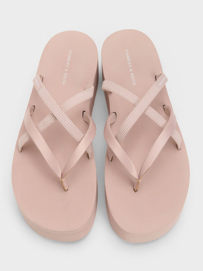 CHARLES & KEITH Customer Favorite / Levy Satin Strappy Flatform Sandals - Light Pink