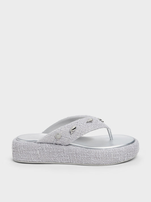 CHARLES & KEITH Signature / Tweed Beach Flatform Thong Sandals - Silver