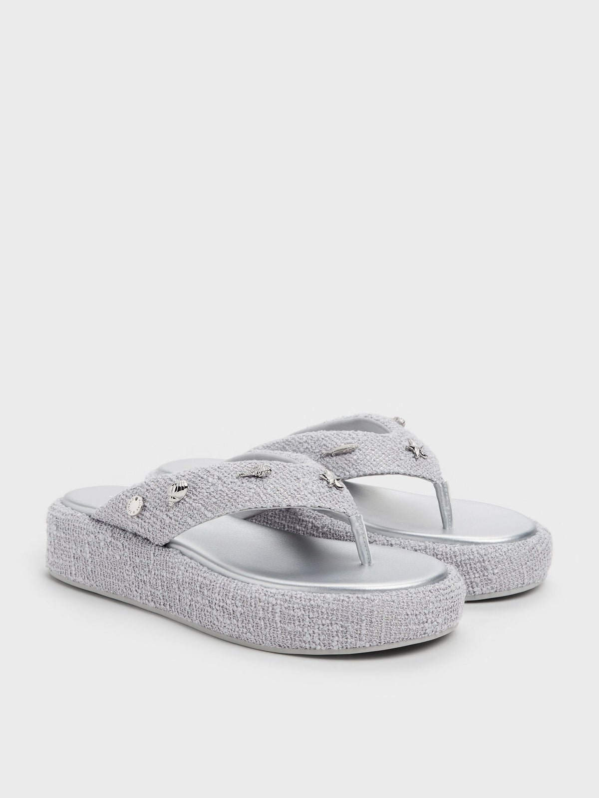 CHARLES & KEITH Signature / Tweed Beach Flatform Thong Sandals - Silver