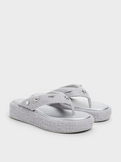 CHARLES & KEITH Signature / Tweed Beach Flatform Thong Sandals - Silver