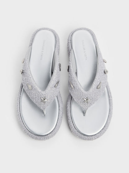 CHARLES & KEITH Signature / Tweed Beach Flatform Thong Sandals - Silver