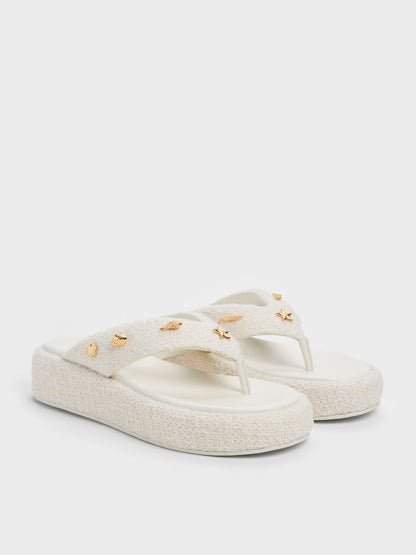 CHARLES & KEITH Essential / Tweed Beach Flatform Thong Sandals - Chalk