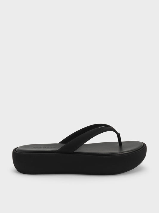CHARLES & KEITH Essential / Satin Thong Flatform Sandals - Black Textured