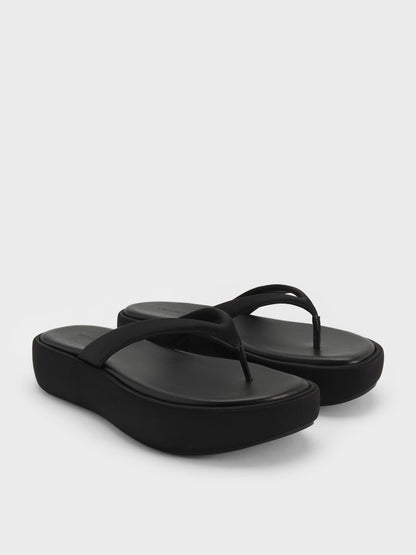 CHARLES & KEITH Essential / Satin Thong Flatform Sandals - Black Textured