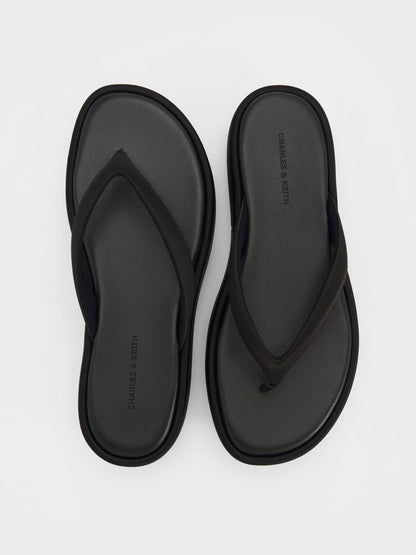 CHARLES & KEITH Essential / Satin Thong Flatform Sandals - Black Textured