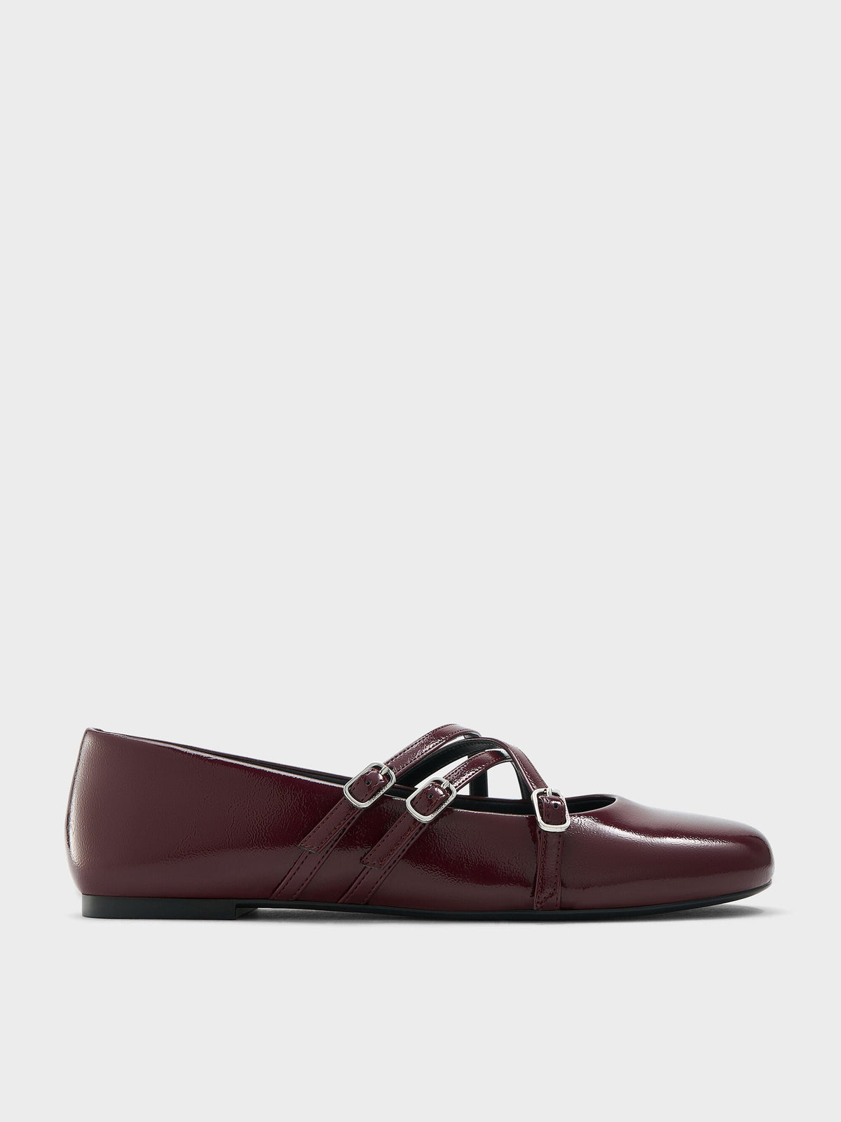 CHARLES & KEITH Quality / Patent Triple-Strap Mary Jane Flats - Burgundy