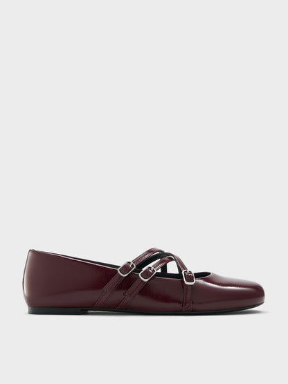 CHARLES & KEITH Quality / Patent Triple-Strap Mary Jane Flats - Burgundy