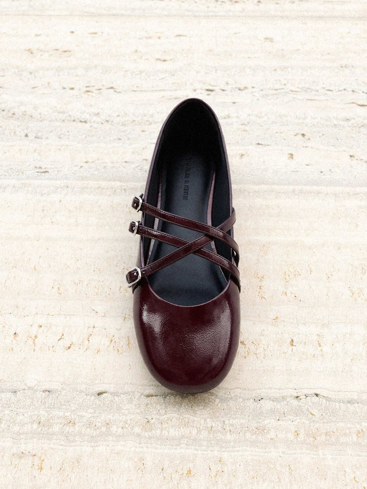CHARLES & KEITH Quality / Patent Triple-Strap Mary Jane Flats - Burgundy