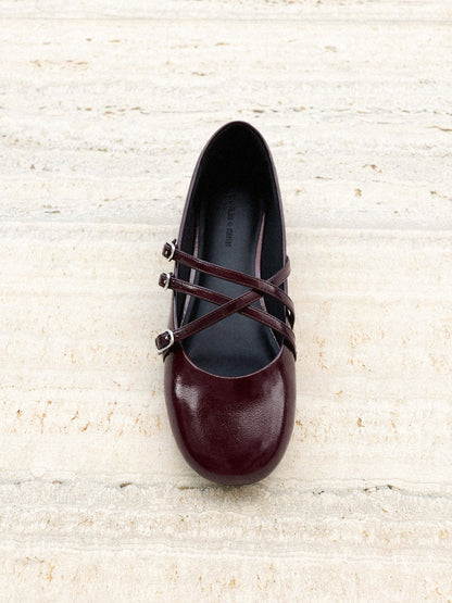 CHARLES & KEITH Quality / Patent Triple-Strap Mary Jane Flats - Burgundy