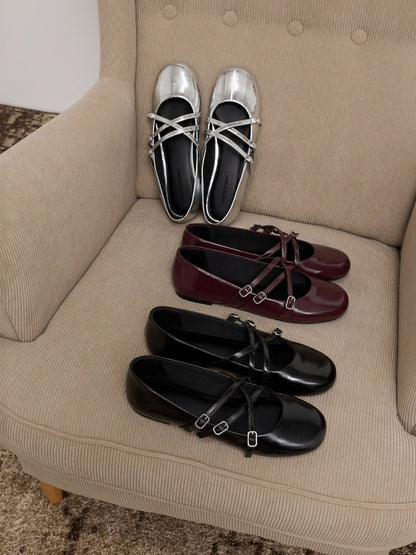CHARLES & KEITH Quality / Patent Triple-Strap Mary Jane Flats - Burgundy